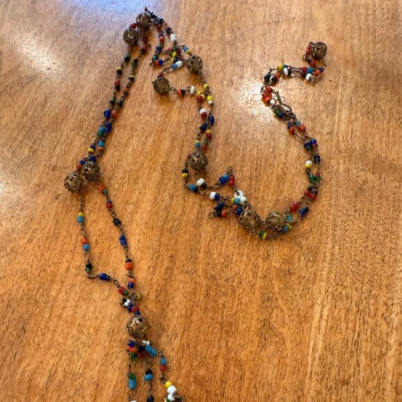 Funky Brass-Tone & Colorful Bead Dangly Long Necklace - Picture 4 of 6